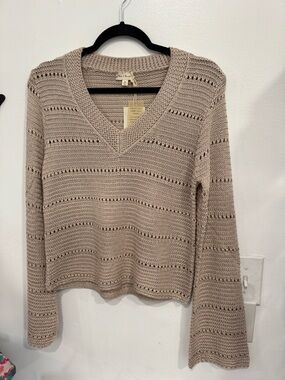 Hem & Thread Taupe Open-Knit V-Neck Sweater
